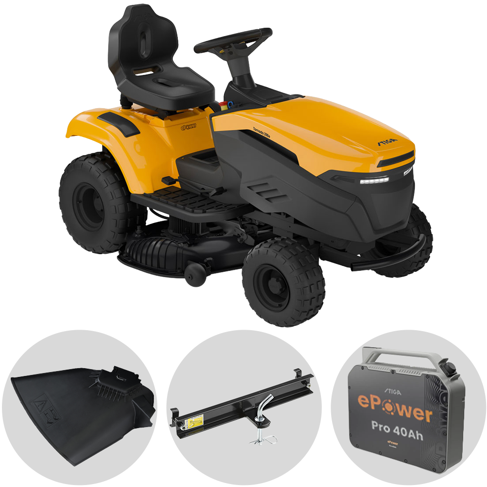 Stiga Tornado 398e - Kit Tractor cortacésped con 1 módulo batería ePower Pro 56 V/40 Ah - Salida lateral y mulching