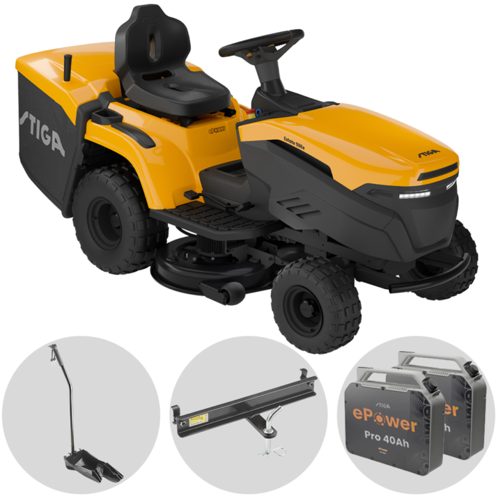 Stiga Estate 598e - Kit Tractor cortacésped con 2 módulos batería ePower Pro 56 V/40 Ah - Recogedor y mulching