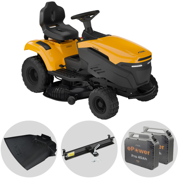 Stiga Tornado 398e - Kit Tractor cortacésped con 2 módulos batería ePower Pro 56V/40Ah - Salida lateral y mulching